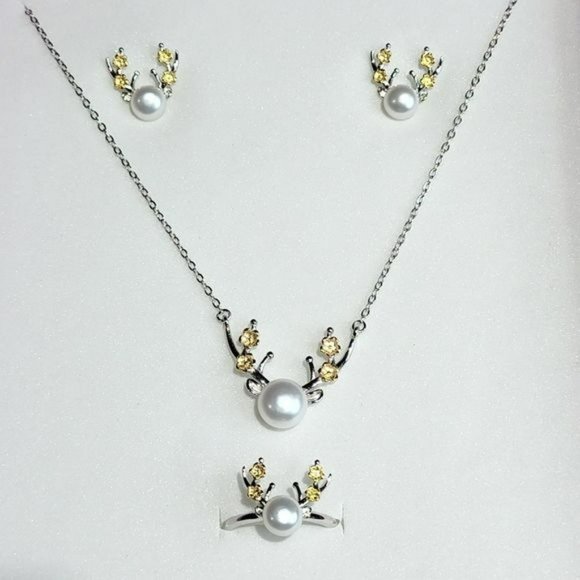 925S Deer‎ Pattern Necklace Ring Earring Freshwater Pearl Jewelry Set - Picture 3 of 15